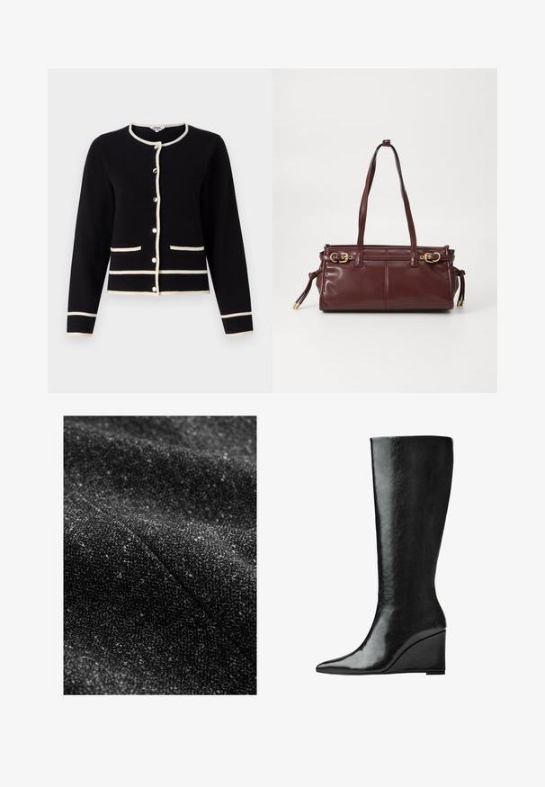 Zwarte cardigan met witte bies, met een ronde hals, lange mouwen, knoopsluiting en twee voorzakken. Zachte textuur.; Langsleeve, ronde hals top in crème kleur, gemaakt van zachte stof. Kenmerkt zich door een rechte snit en een minimalistisch ontwerp zonder versieringen.; Zwart gestructureerde stof met erdoor geweven lichtere vlekken, die een zachte, geweven uitstraling en een subtiel, gevarieerd patroon laat zien.; Kniehoge zwarte leren laarzen met een slanke, puntige neus en een wiggle heel. Het oppervlak is glad met een glanzende afwerking.; Bordeaux leren handtas met twee schouderbanden, gouden hardware en een ritsluiting. Heeft een gladde textuur en subtiele stikdetails.