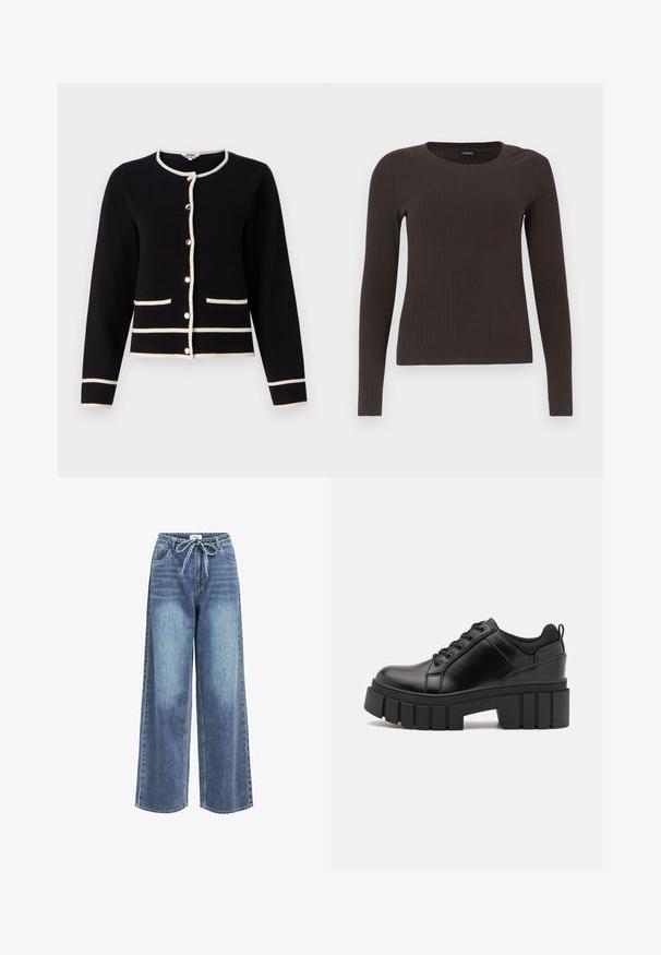 Black cardigan with white trim, featuring a round neck, long sleeves, button closure, and two front pockets. Soft texture.; Brown, long-sleeve ribbed top with a crew neckline. Made from a smooth, stretchy material, featuring a fitted silhouette and minimal detailing.; Wide-leg jeans in light blue denim with a drawstring waistband. Features front pockets and a subtle faded texture.; Black leather platform shoes with a chunky block heel, round toe, and traditional lace-up design. Features smooth texture and minimal detailing.
