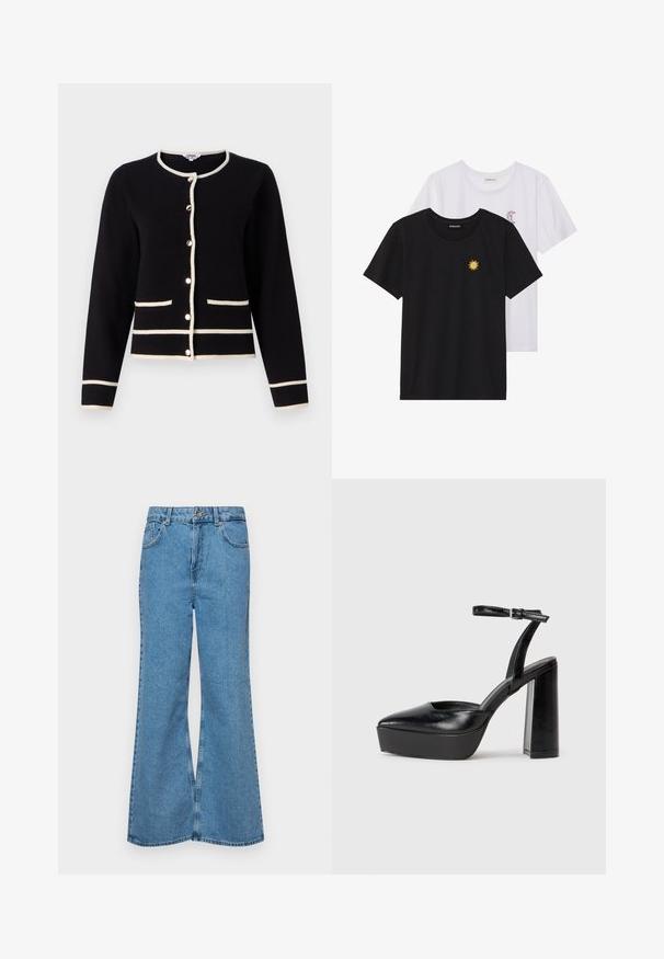 Zwarte cardigan met witte bies, met een ronde hals, lange mouwen, knoopsluiting en twee voorzakken. Zachte textuur.; Zwart-witte T-shirts, ronde hals, korte mouwen. Het zwarte shirt heeft gele zon-geborduurde details; het witte shirt heeft een purperen halve maan accent.; Lichtblauwe flared jeans van denim, met een hoge taille, vijf zakken en een enkele knoopsluiting. Zachte textuur met een vervaagde afwerking.; Zwarte plateauhakken met een puntige neus en verstelbare enkelband. Gemaakt van soepel leer, met een robuuste blokhak.