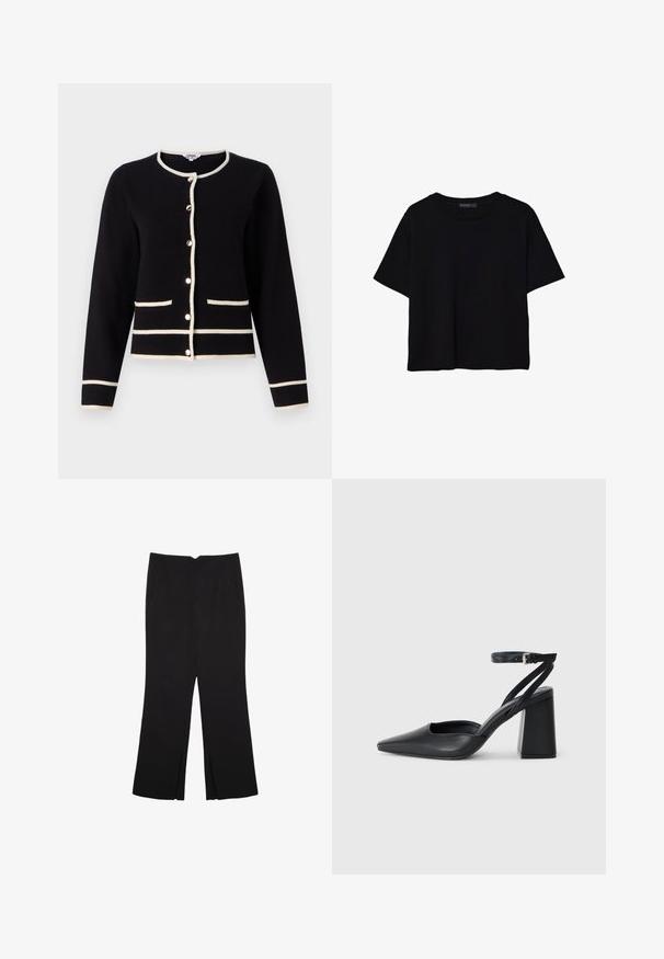 Cardigan noir avec des finitions blanches, doté d'un col rond, de manches longues, d'une fermeture à boutons et de deux poches avant. Texture douce.; T-shirt noir à manches courtes en coton. Présente un col rond et une coupe ample avec une texture lisse et unie. Aucun motif ni accent visible.; Pantalon noir avec une coupe droite, doté de poches avant et d'éclairs sur l'ourlet. Fabriqué en tissu doux et lisse. Convient à diverses occasions.; Escarpin noir en cuir à bout pointu avec une bride de cheville et un talon épais. Texture lisse, design élégant et esthétique minimaliste.