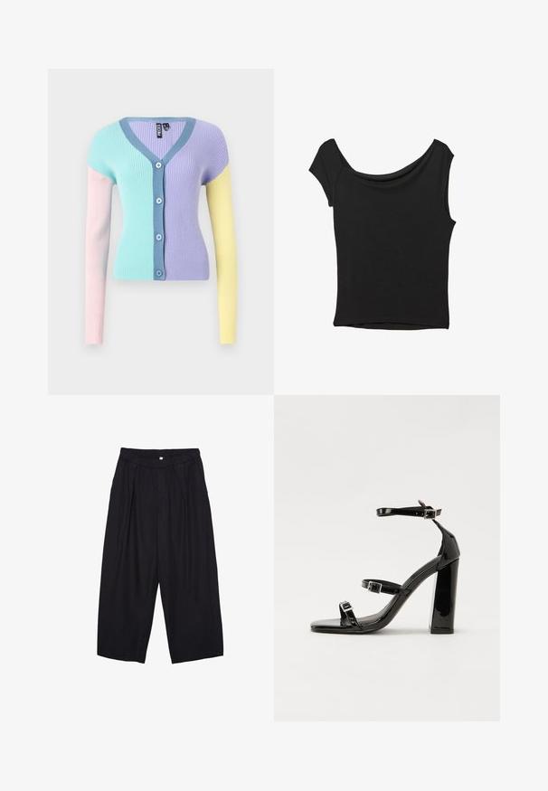 Ženski žametni kardigan z V-izrezom, gumbnim zapiranjem in dolgimi rokavi v pastelnih odtenkih: mintno zeleni, vijolični, roza in rumeni.; Črna kratka majica s kratkimi rokavi iz gladkega blaga; ima drapiran izrez in asimetrično spodnjo rob, s prilegnjenim telesom.; Črne poliesterske culotte hlače z elastičnim pasom, dvema sprednjima nabiranjema in ohlapnim krojem. Brez vidnih vzorcev ali kovinskih detajlov.; Črne lakirane sandale s peto, kvadratnim prstom, trakovi okrog gležnja in srebrnimi zaponkami. Opremljene so s stabilno Debelo peto.