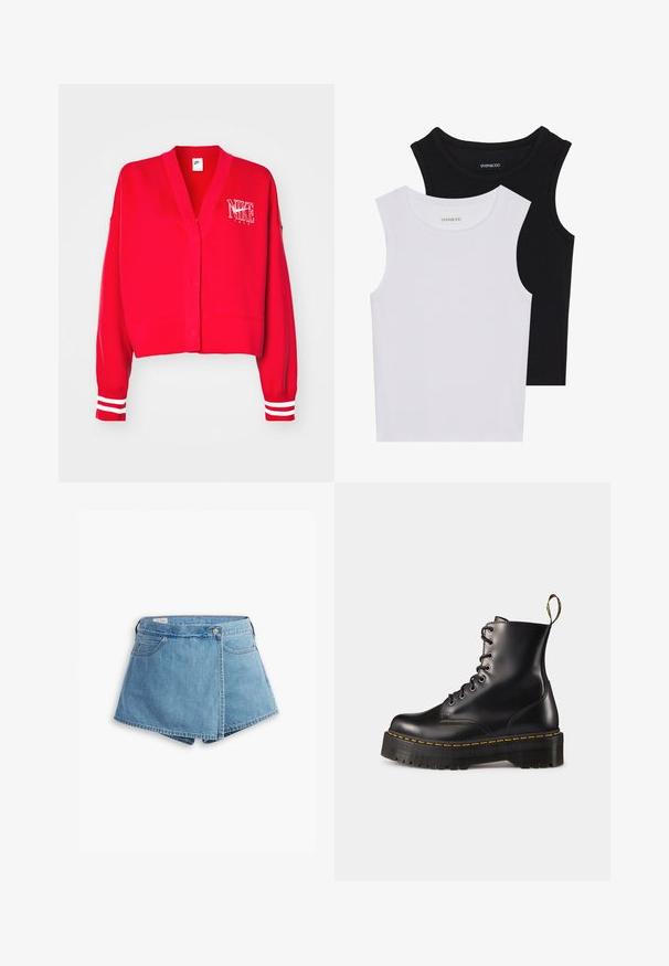 Piros pamut kardigán V nyakkivágással, hímzett fehér Nike logóval, és csíkos fehér díszítéssel a ujjakon.; Két ujjatlan felső fekete és fehér színben, bordás pamutból készült, kerek nyakkivágással és testhez simuló fazonnal. Mindkettőn látható címke.; Világoskék farmer rövidnadrág, csavart kialakítással, elülső zsebekkel és fémből készült gombos záródással. Sima textúra, varrott szélekkel.; Fekete bőrből készült, fűzős bokacsizma masszív fekete talppal és sárga varrással. Hátsó húzófüllel és kör alakú fémszemekkel rendelkezik.