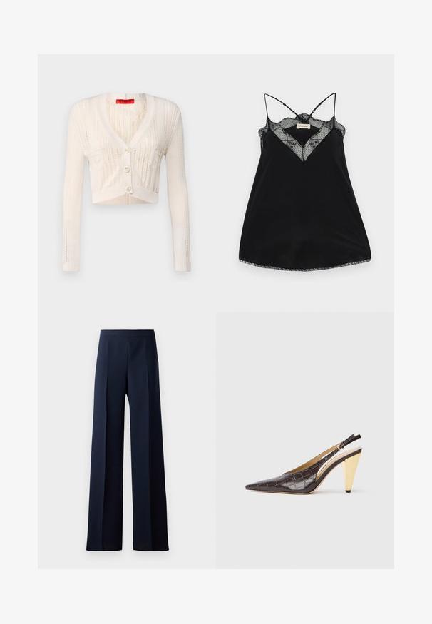 MAX&Co. NELLO - Strickjacke - weiss; Schwarzes Trägertop mit verstellbaren Trägern, ausgestattet mit einem Spitzen-Ausschnitt und gewellten Kanten. Glattes Material mit leichtem Glanz.; Weit geschnittene Hosen aus dunkelblauem Stoff mit einer glatten Textur, subtilen frontalen Falten und einem taillierten Bund für eine schlanke Silhouette.; Spitz zulaufender Slingback-Absatzschuh aus glänzendem, dunkelbraunem Kunstcrocodilleder. Verfügt über einen goldfarbenen geometrischen Absatz und einen verstellbaren Knöchelriemen.