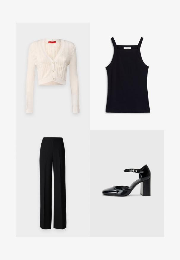MAX&Co. NELLO - Cardigan - weiss; Black ribbed tank top with narrow shoulder straps, featuring a scoop neckline and straight hem. Label reads "IVY OAK."; Black wide-leg trousers with a smooth texture, featuring a high waistband and center pleats. No visible patterns or hardware details.; Black patent leather high-heeled shoes with a square toe, ankle strap, and a chunky heel. Includes perforated detailing along the rim.