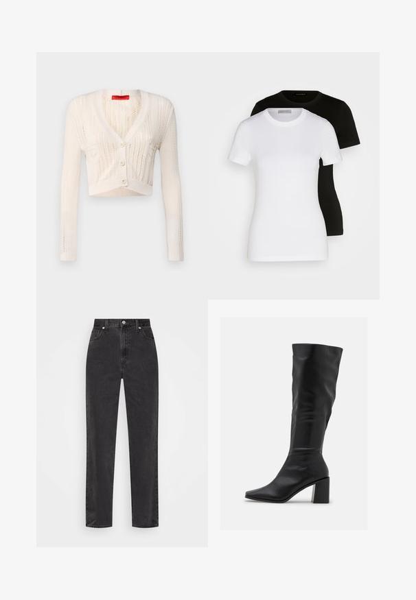 MAX&Co. NELLO - Adīta jaka - weiss; Divi īsām piedurknēm T-krekli melnā un baltā krāsā. Izgatavoti no gludas kokvilnas, ar klassisku apaļu kakla izgriezumu un regulāru piegriezumu.; Melnas džinsus ar taisnu kāju un augsto jostu, ar priekšējo pogu un rāvējslēdzēju, kā arī piecu kabatu dizainu uz balta fona.; RAID BLICK - Zābaki - black