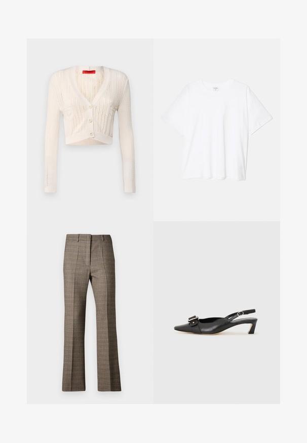 MAX&Co. NELLO - Kardigán - weiss; Fehér pamut póló rövid ujjal, kerek nyakkivágással, laza fazonnal és varrott szegéllyel. Címke látható a belső nyakrészén.; Barna kockás nadrág egyenes szabással, texturált anyaggal, és a mintázatban lágy bézs és sötétebb barna árnyalatokkal.; Fekete bőr szandál kis sarkú, hegyes orral, díszes csattal a felsőrészen. Simább textúra, minimalista design.