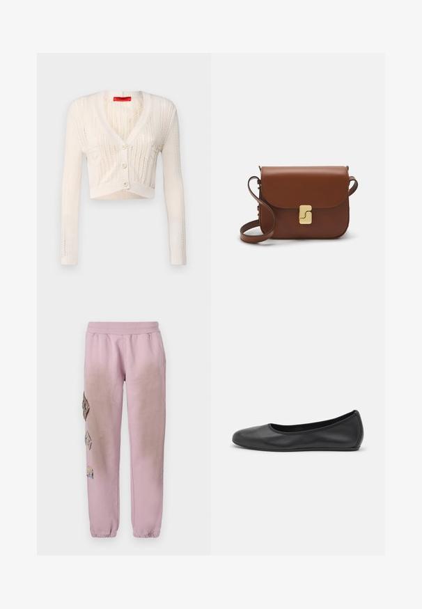 MAX&Co. NELLO - Gilet - weiss; T-shirt blanc à manches courtes en tissu côtelé. Col rond, coupe régulière et détails de couture subtils. Aucune motif ni graphique.; Pantalon de survêtement rose avec une taille élastique, présentant des patches décoratifs en forme de diamant sur le côté gauche et des poignets élastiques aux chevilles.; Ballerines en cuir noir avec un bout rond, texture lisse, détails de couture minimalistes et design de semelle flexible.; Sac à main en cuir marron avec une fermeture à rabat, des accents en métal doré, une bandoulière et une texture lisse. Forme rectangulaire compacte.