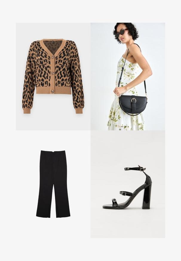 Kratka jopica v rjavi barvi z črnimi leopardi. Ima V-izrez, rebrast rob in manšete, ter pet gumbov spredaj. Mehak material.; Enostavna črna bombažna majica s kratkimi rokavi in okroglim izrezom, prikazana na belem ozadju.; Črne hlače ravnega kroja z naglavnimi žepi in stranskimi razporki na robu. Narejene iz mehke, gladke tkanine. Primerne za različne priložnosti.; Črne lakirane sandale s peto, kvadratnim prstom, trakovi okrog gležnja in srebrnimi zaponkami. Opremljene so s stabilno Debelo peto.; Črna usnjena torbica s ukrivljeno obliko, z odstranljivo naramnico in zlatimi dodatki. Torbica ima pokrov s podrobnostmi v obliki zaponke.