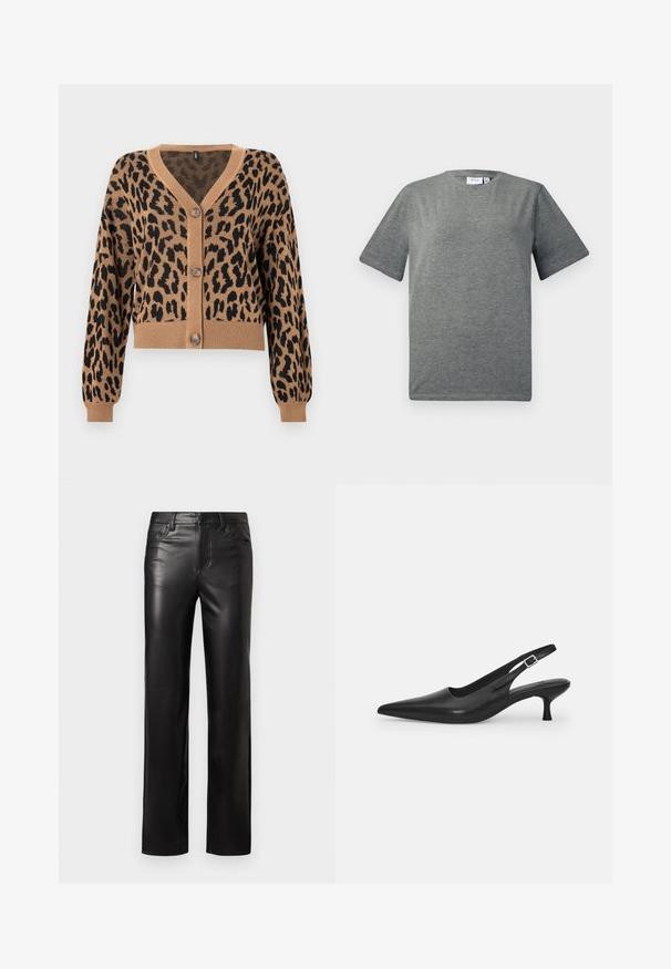 Zkrácený svetr v béžové barvě s černým leopardím vzorem. Má véčkový výstřih, rypsový lem a manžety a pět knoflíků vpředu. Měkká textura.; Šedé tričko s krátkým rukávem vyrobené z měkké bavlněné směsi. Klasický kulatý výstřih, volný střih s hladkou texturou a minimalistickým designem.; Černé kožené kalhoty se střihem rovného střihu, s knoflíkovým zapínáním a předními kapsami. Hladká textura s jemnými detailem šití.; Černá kožená nazouvací bota se špičatou špičkou a štíhlým zakřiveným podpatkem. Obsahuje diskrétní nastavitelný pásek s kovovou sponou.
