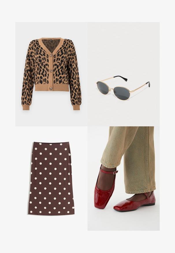 Geknipte cardigan in bruin met zwart luipaardpatroon. Heeft een V-hals, geribbelde zoom en manchetten, en vijf knopen aan de voorkant. Zachte textuur.; Bruine top met lange mouwen en een ronde halslijn, voorzien van grote witte stippen en een gesmokt detail bij de taille voor een aangesloten look.; Bruine rok met witte stippen, rechte snit, tot de knie, gemaakt van gladde stof met een elastische tailleband.; Rode lakleren schoenen met een vierkante neus, lage hak en enkelbandje, gecombineerd met lichtgroene wijde jeans. Glad textuur, reflecterend oppervlak.; Ovale zonnebril met donkere lenzen, gouden metalen frame en gevlochten gouden zijkanten. Zwarte uiteinden op de armen versterken het ontwerp.; Bruine gevlochten leren tote bag met twee handvatten, een gestructureerde vorm en een getextureerd oppervlak, met een diamantpatroon overal.