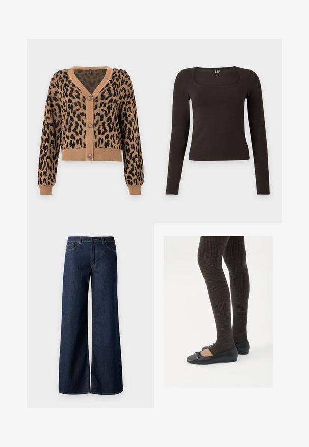 Strihnutý kardigán v béžovej farbe s čiernym leopardím vzorom. Obsahuje výstrih do V, rebrovaný lem a manžety a päť gombíkov na prednej strane. Mäkká textura.; Čierny priliehavý top s dlhým rukávom a štvorcovým výstrihom, označený značkou GAP, zobrazený na bielom pozadí.; Džínsy s širokými nohavicami v tmavomodrom denime. Obsahujú kontrastné prešívanie, päť vreciek a gombíkový zips v oblasti pása. Hladká textúra.; Čierne ploché topánky s malou mašľou na špičke, v kombinácii s tmavohnedými rebrovanými pančuchami. Topánky majú hladký povrch a nízky profil.