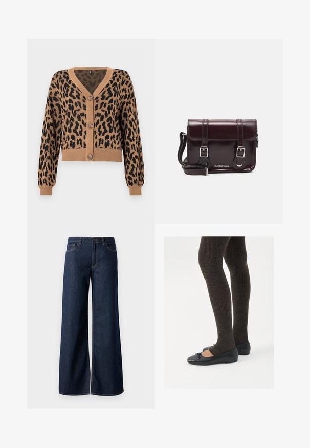 Trumpetas švarkas rudos spalvos su juodu leopardų raštu. Yra V formos iškirptė, briaunotas apykaklė ir rankogaliai, bei penki mygtukai priekyje. Minkšta tekstūra.; Juoda ilgomis rankovėmis, prigludusi bluzonėlė su kvadratine iškirpte, žymėta GAP, rodoma baltame fone.; Plati kojinės džinsai tamsiai mėlynos džinsinės medžiagos. Yra kontrastingas siuvimo ornamentas, penkios kišenės ir užsegimas mygtuku juosmenyje. Lygus paviršius.; Juodos plokščios bateliai su maža kaspinėlio detale prie pirštų, derinami su tamsiai rudos spalvos raukšlėtomis pėdkelnėmis. Bateliai turi lygų paviršių ir žemą profilį.; Bordo lakinės odos krepšys per petį, stačiakampio formos, su dviem diržais, sidabrinėmis detalėmis ir užtraukiama kiautu.