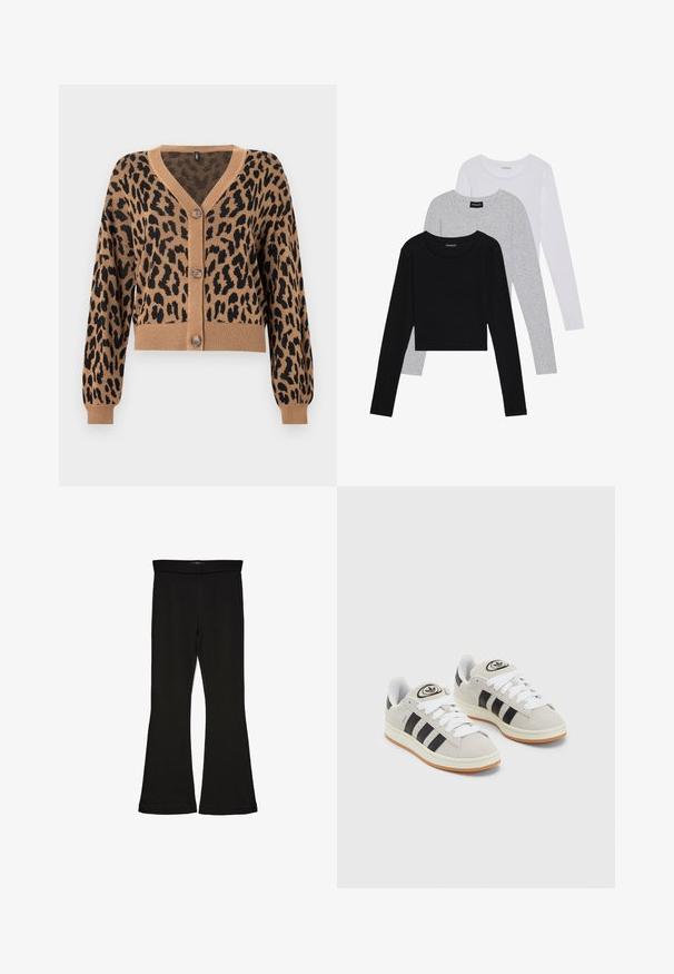 Lühendatud kardigan tan värvuses musta leopardimustriga. Omab V-kaelust, ribarahaga äärt ja varrukaid ning viis nööpi ees. Pehme tekstuur.; Kolm pikkade varrukatega toppi, mis on üksteise peale asetatud: must, hall ja valge. Igal ühel on ümar kaelus ja lühike disain, valmistatud siledast, kergekaalulisest kangast.; Mustad mustad sääred, mis on valmistatud venivast kangast. Omab laia vööd ja siledat tekstuuri, sobituv siluett, mis laieneb allservas.; Hallid hallid nahkrennid valgete paeltega, mustade triipudega ja valge kummitaldiga. Omab ümmargust logo keeles ja kummitalda.