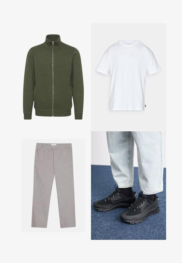Maslinasto zeleni zip-up jakna s visokim ovratnikom, izrađena od meke tkanine, s bočnim džepovima i rebrastim manžetama i rubom.; Bijela pamučna majica s kratkim rukavima i okruglim izrezom. Ima mali, diskretni Nike logo na prsima i oznaku sa strane.; Svijetlosive pamučne hlače s elastičnom pojasom, dva bočna džepa, ravni kroj nogavica i glatka tekstura. Jednostavni detalj šivanja.; Crne atletske cipele s teksturiranom tkaninom i gumene potplate, s elastičnim vezicama i plavim akcentom na peti. Nosene su s svijetlim trapericama.