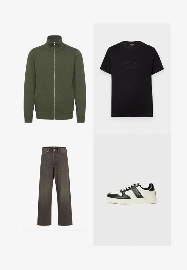 Olive green zip-up jacket with a high collar, made of soft fabric, featuring side pockets and ribbed cuffs and hem.; Black cotton t-shirt with short sleeves and a round neckline. Features "ORIGINALS Studio" embossed in tonal lettering on the front.; Wide-leg jeans in dark grey denim, featuring a high waist, classic five-pocket design, and contrasting stitching along the seams.; Leather sneakers with a black and cream color scheme, featuring perforated accents, a padded collar, and a textured outsole.