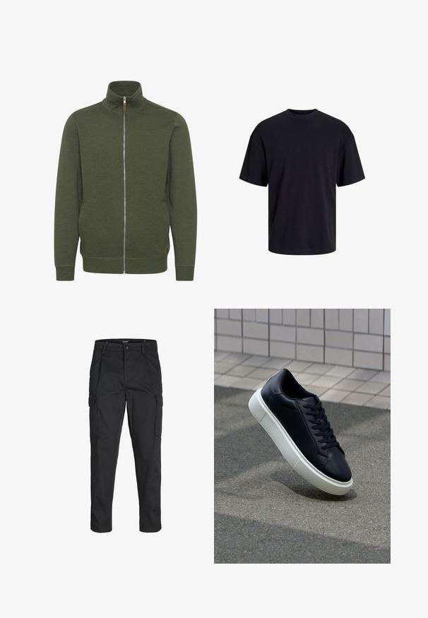 Oliven grønn zip-up jakke med høy krage, laget av mykt stoff, med sidelommer og ribbede mansjetter og nederkant.; Svart bomull t-skjorte med rund hals, korte ermer og en avslappet passform. Glatt tekstur uten synlige mønstre eller detaljer.; Sorte cargo bukser laget av slitesterkt stoff, med flere lommer, knappelukking og en slim fit-design med avsmalnede ben.; Sorte skinnsneakers med rund tå og hvit gummisåle. Har flate lisser og minimal søm på overdelen. Strukturert såle for grep.