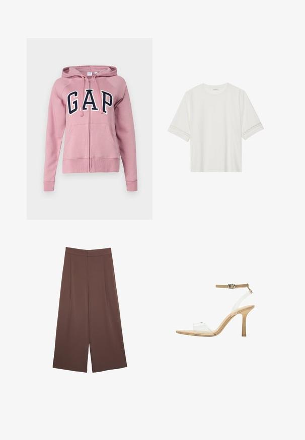 GAP HERITAGE - Majica s kapuljačom - lilas pink; Bjela majica kratkih rukava od pamuka, s dekorativnom čipkastom obrubom duž rukava i okruglim izrezom.; Smeđe hlače širokog kroja s glatkom teksturom, koje imaju visok struk i nabore sprijeda. Tkanina je lagana i slobodno se kreće.; Sandal s prozirnim potplatom i prozirnim gornjim dijelom, bež uloškom i tankim remenom oko gležnja. Ima špicasti vrh i tanak visoki potplat.