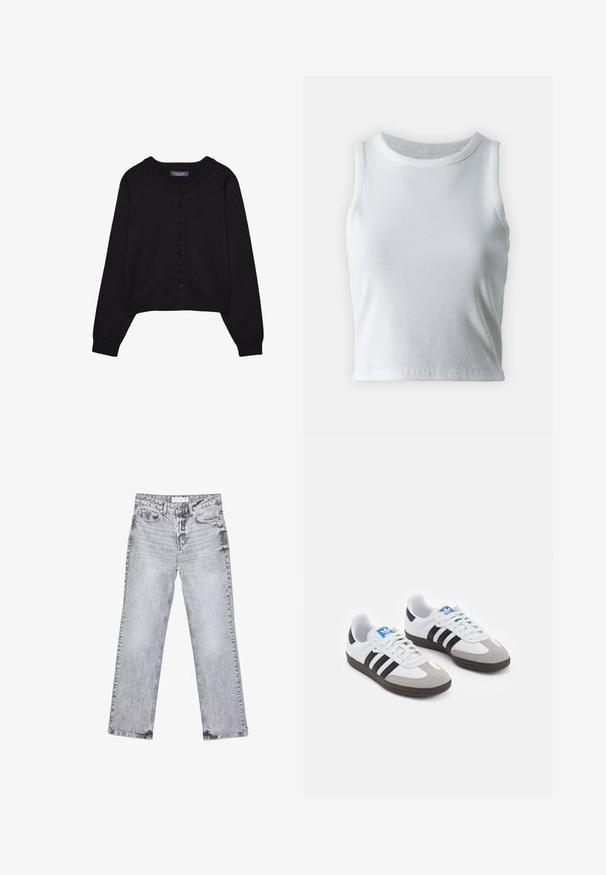 Schwarze kurz geschnittene Strickjacke aus Strickstoff, mit rundem Ausschnitt, langen Ärmeln und einer durchgehenden Knopfleiste mit sechs Knöpfen.; Weißes, geripptes Tanktop mit runder Ausschnittform und ärmellosem Design, ausgestattet mit einem geraden Saum und einer glatten, dehnbaren Textur.; Graue Jeans aus Denim mit geradem Bein, mit Used-Effekten, fünf Taschen und kupferfarbenen Nieten. Der Bund verfügt über ein Logoshirt.; Sportschuhe mit einem Obermaterial aus weißem Leder, grauer Wildleder-Zehenkappe und drei schwarzen Streifen. Sie verfügen über ein blaues Logo auf der Zunge und eine strukturierte Gummisohle.