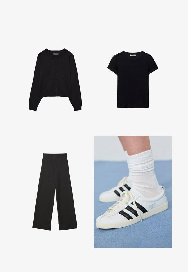 Mustat lyhyet neulekoristukset, joissa on pyöreä kaula-aukko, pitkät hihat ja kuusi nappia sisältävä etukappale.; Mustat lyhythihaiset t-paidat, jotka on valmistettu pehmeästä kankaasta. Contains classic pyöreä kaula-aukko ja rento istuvuus. Ei näkyviä kuvioita tai yksityiskohtia.; Mustat leveälahkeiset housut, joissa on korkea joustava vyötärö, pehmeä kangas ja väljät mitat, sopivat arkiseen käyttöön tai rentoihin tiloihin.; Valkoiset nahkakengät, joissa on mustat raidat, kermaisen värinen pohja ja vaaleat nauhat. Puettu valkoisten urheilusukkien kanssa, taustalla sininen väri.