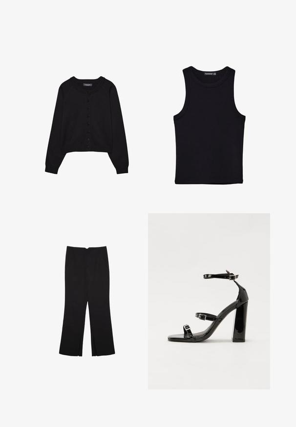 Črn skrajšan kardigan iz pletenine, z zaobljenim izrezom, dolgimi rokavi in gumbnim zapiranjem spredaj z šestimi gumbi.; Črna majica brez rokavov iz bombaža, z okroglim izrezom in širokimi odprtinami za roke. Gladka tekstura s šivi na robovih. Klasičen, minimalističen dizajn.; Črne hlače ravnega kroja z naglavnimi žepi in stranskimi razporki na robu. Narejene iz mehke, gladke tkanine. Primerne za različne priložnosti.; Črne lakaste sandale z visokimi petami, z dvema trakovoma z zaponkama, kvadratnim sprednjim delom in masivno širšo peto, z gladko, sijočo teksturo.