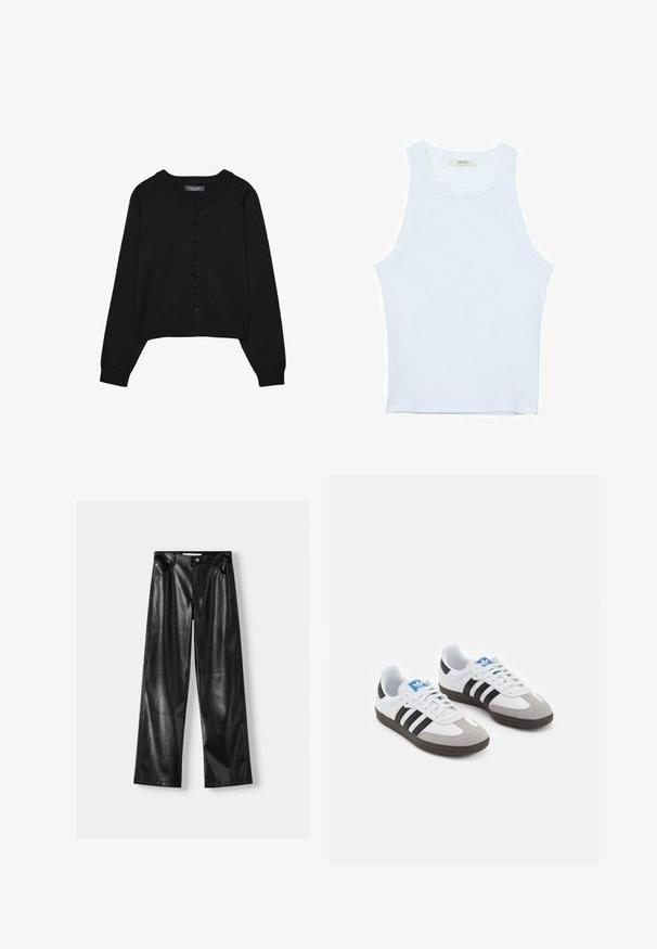 Černý zkrácený kardigan vyrobený z pletené tkaniny, s kulatým výstřihem, dlouhými rukávy a zapínáním na knoflíky s šesti knoflíky vpředu.; Bílý top bez rukávů, žebrovaná textura, kulatý výstřih, obtáhnutý střih, decentní značka na štítku uvnitř oblasti límce.; Černé kožené široké kalhoty s lesklou texturou, které mají dvě přední kapsy, zapínání na knoflík a viditelné švy.; Sportovní boty s bílým koženým svrškem, šedou semišovou špičkou a třemi černými pruhy. Obsahují modré logo na jazyku a texturovanou gumovou podrážku.