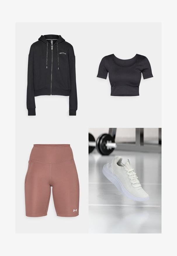 ONLY Play ONPPENNY LIFE HOOD SHORT BRUSH - Jaka ar rāvējslēdzēju - black/silver; Melnas ribotas īsās piedurknes apgrieztais tops ar plašu apaļu dekoltē un pieguļošu joslu apakšā. Maiga tekstūra, ikdienišķs dizains.; Augstas jostas sporta šorti bālganā rozā krāsā. Izgatavoti no gludas, elastīgas auduma, ar sānu kabatu un baltu logotipa akcentu pie malām.; Baltas sporta apavi ar teksturētu sietu augšdaļu un sasiešanas sistēmu, ar mīkstu baltu zoli un smalkiem ribotiem akcentiem.