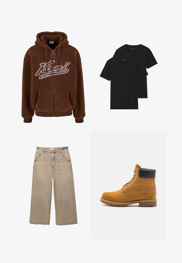 Hnědá fleecová mikina s kapucí na zip, velkými kapsami a bílým logem. Obsahuje stahovací kapuci a žebrované manžety a lem.; Dvě černé bavlněné tričko s krátkým rukávem, kulatým výstřihem a hladkou texturou, vystavené naskládané k sobě.; PULL&BEAR MEGA BAGGY - Baggy džíny - light grey; Hnědé semišové kotníkové boty s černým polstrovaným límcem, zlatými kovovými očky, bílým prošíváním a odolnou gumovou podrážkou s výraznými drážkami.