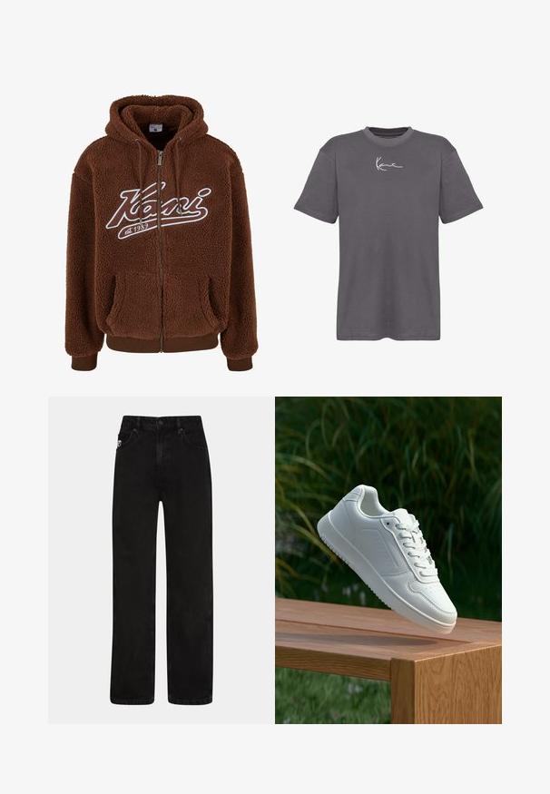 Brūns frotē džemperis ar rāvējslēdzēju priekšā, lielām kabatām un baltu logo detaļu. Ietver kapuci ar aukliņu un ribotas piedurknes un apakšmala.; Pelēka kokvilnas T-kreklu ar apaļu kakla izgriezumu, īsām piedurknēm un baltu paraksta logo uz krūtīm. Gluda tekstūra un brīva piegriezuma forma.; Melnas džinsu bikses ar taisnu kāju griezumu, ar priekšējiem kabatām, pogu aizdari un nelielu logo uzsvaru uz jostasvietas.; Baltie sporta apavi ar gludu sintētisku augšpusi, perforētu pirkstu daļu, plakani šņorēm un rakstainu zoli, novietoti uz koka virsmas.