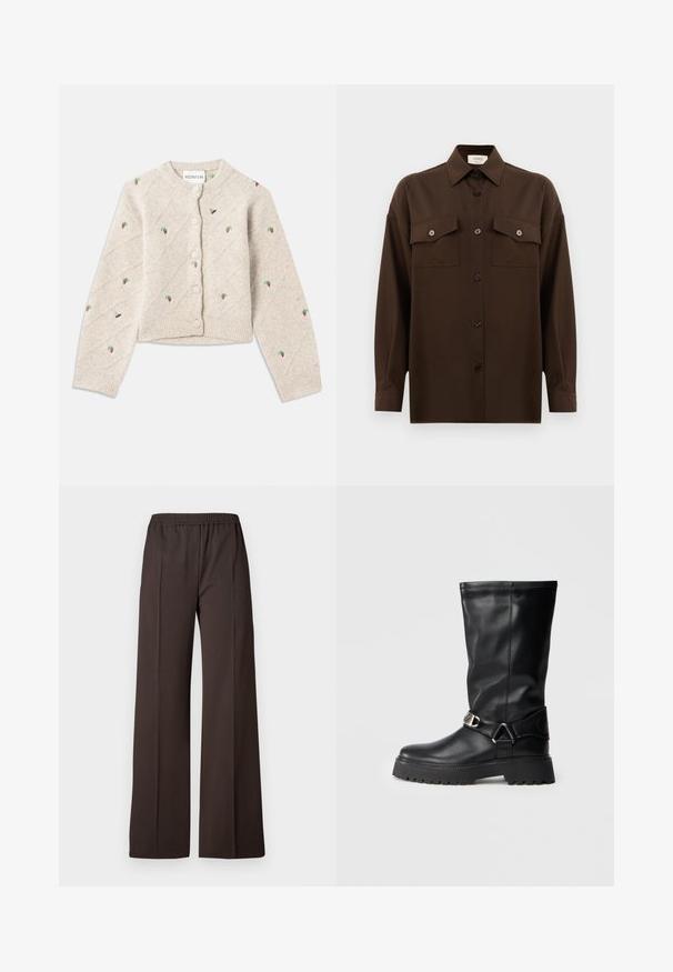 Svetlo siva pletena jopica z diamantskimi vzorci ter vezenimi jagodami in čebelami. Okrogli ovratnik in zapiranje spredaj s gumbi.; Temno rjav srajca z dolgimi rokavi na gumbe, z dvema žepoma na prsih in klasičnim ovratnikom, prikazana na enotni beli podlagi.; Hlače širokih nogavica iz temno rjave tkanine z elastičnim pasom, ki se ponašajo z gladko teksturo in čistimi linijami za elegantno podobo.; Črne nadkolenske čevlje iz gladke usnje, ki imajo zaponko na strani in debele, teksturirane podplate za boljši oprijem.