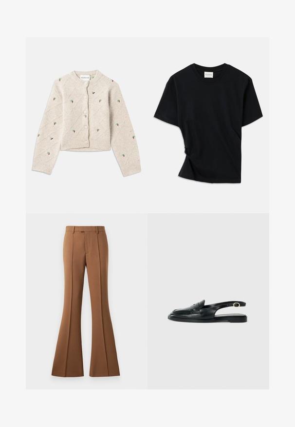 Light gray knitted cardigan featuring diamond patterns and embroidered strawberries and bees. Round neckline and button front closure.; Black t-shirt made of soft cotton, featuring a crew neckline, short sleeves, and a slightly twisted design for a relaxed fit.; Brown flared trousers made from smooth fabric, featuring a high waist, pressed creases, and a front pocket for added detail.; Black leather slingback shoe with a rounded toe, flat sole, side cutout, and strap featuring a gold-tone hardware detail.