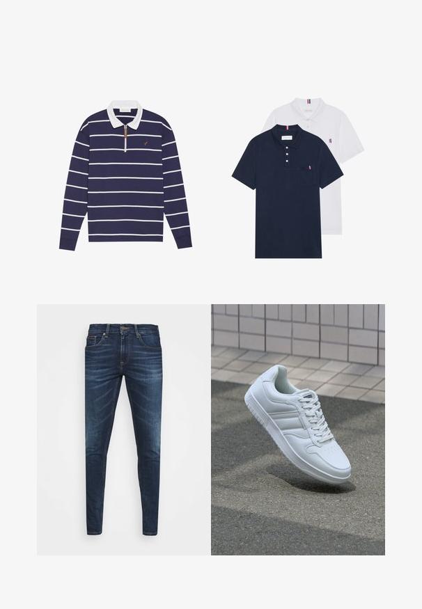 Marineblauwe polo met lange mouwen, witte strepen, witte kraag en een halve rits. Voorzien van een klein bruin logo op de borst. Zacht, gestructureerd materiaal.; Twee polo shirts: één marineblauw en één wit, beide met een kleine rood, wit en blauwe accent op de borstzak en kraag.; Donkerblauwe denim jeans met een slim fit, subtiele vervaging, vijf zakken en een metalen knoopsluiting. Gestikte accenten in contrasterende kleur.; Witte sportsneaker met een glad leren bovenwerk, vetersluiting aan de voorkant, geperforeerde neus en een geprofileerde zool. Minimalistisch ontwerp met drie zijstrepen.