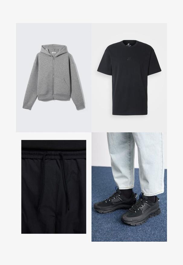 Szara bluza z kapturem na suwak, wykonana z miękkiego, teksturowanego materiału. Posiada kaptur, dwie przednie kieszenie oraz luźny krój z ściągaczami na rękawach i dole.; Czarny bawełniany t-shirt Nike z klasycznym okrągłym dekoltem, krótkimi rękawami oraz subtelnym, wytłoczonym logo na piersi. Gładka tekstura.; Czarne szorty z elastycznym paskiem na sznurku, lekkiego materiału o gładkiej fakturze oraz prostym wzornictwie bez widocznych logo czy wzorów.; Czarne buty sportowe z teksturowanej tkaniny i gumowymi podeszwami, z elastycznymi sznurówkami i niebieskim akcentem na pięcie. Noszone z jasnymi dżinsami.