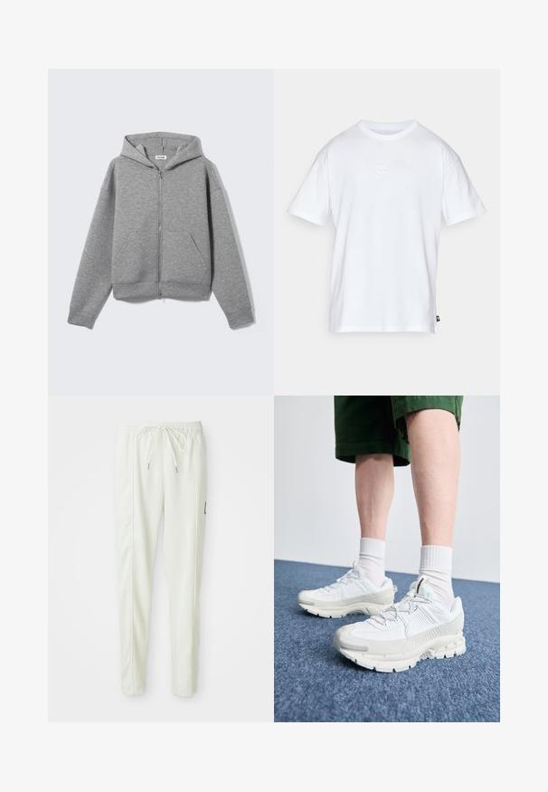 Gray zipper hoodie made of soft, textured fabric. Features a hood, two front pockets, and a relaxed fit with ribbed cuffs and hem.; White cotton t-shirt with short sleeves and a round neck. Features a small, subtle Nike logo on the chest and a side label.; White slim-fit jogger pants with elastic waistband and drawstring, featuring side seam detailing and a small black patch on the right leg.; White athletic shoes with textured overlays, a chunky sole, and gray accents. Worn with white crew socks and green shorts on a blue surface.