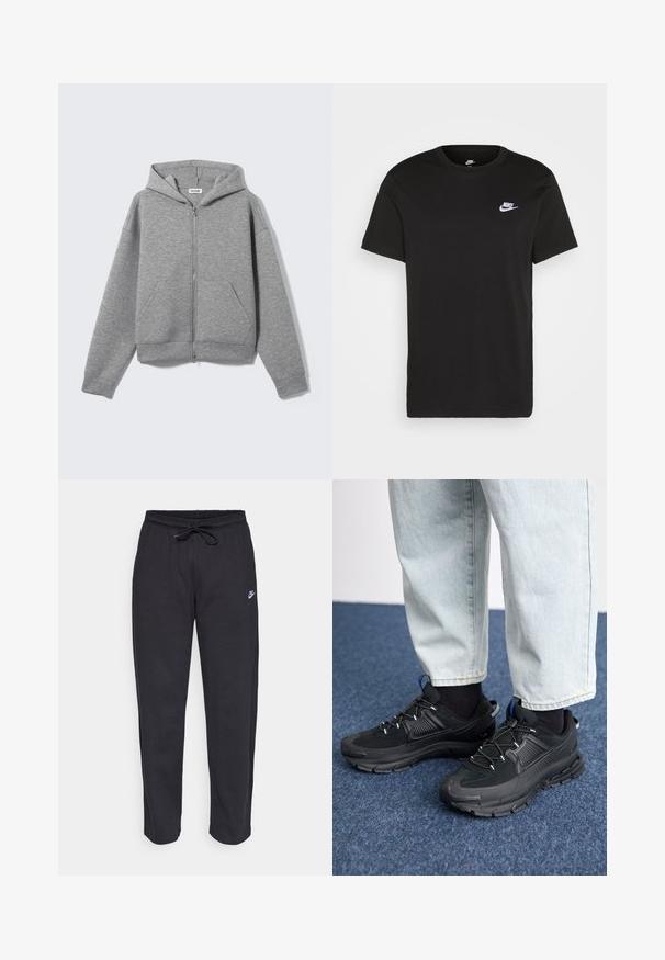 Sweat à capuche zippé gris en tissu doux et texturé. Comprend une capuche, deux poches avant, et une coupe décontractée avec poignets et ourlet côtelés.; T-shirt en coton noir à manches courtes, col rond, avec un petit logo Nike blanc sur la poitrine supérieure gauche. Texture lisse. Coupe classique.; Pantalons de survêtement noirs en tissu doux, avec une taille élastique, un cordon de serrage et un petit logo Nike sur la cuisse gauche.; Des chaussures de sport noires avec un tissu texturé et des semelles en caoutchouc, dotées de lacets élastiques et d'un accent bleu au talon. Portées avec un pantalon en denim clair.