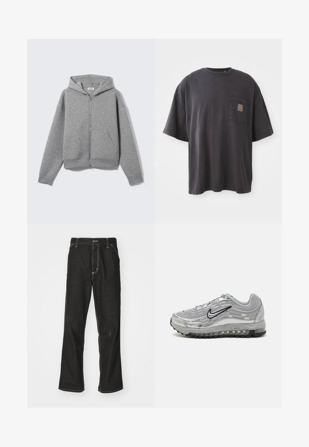 Szara bluza z kapturem na suwak, wykonana z miękkiego, teksturowanego materiału. Posiada kaptur, dwie przednie kieszenie oraz luźny krój z ściągaczami na rękawach i dole.; Czarna bawełniana koszulka z krótkim rękawem, okrągłym dekoltem i kieszenią na lewej piersi z kwadratową łatką logo. Prosty i nieozdobiony design.; Czarne dżinsy o luźnym kroju, z kontrastującymi białymi szwami, z zapięciem na guzik i prostą nogawką.; Szare sneakersy Nike Air Max z siateczkowym i syntetycznym wierzchem, falistym wzorem, czarnymi akcentami oraz widoczną jednostką poduszkową powietrza.