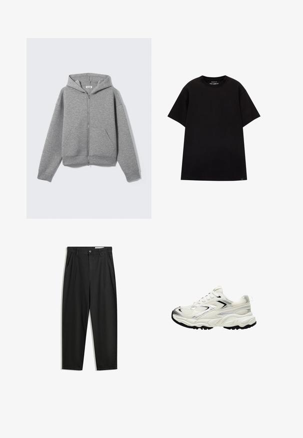 Szara bluza z kapturem na suwak, wykonana z miękkiego, teksturowanego materiału. Posiada kaptur, dwie przednie kieszenie oraz luźny krój z ściągaczami na rękawach i dole.; PULL&BEAR - T-shirt basic; Czarne bawełniane spodnie o luźnym kroju, z klasycznym pasem, przednimi plisy oraz bocznymi kieszeniami. Gładka struktura, bez wzorów.; Białe sneakersy z siateczkową cholewką, srebrnymi akcentami, czarną podeszwą i teksturowanymi panelami. Posiadają sznurowaną konstrukcję oraz zaokrąglony kształt noska.