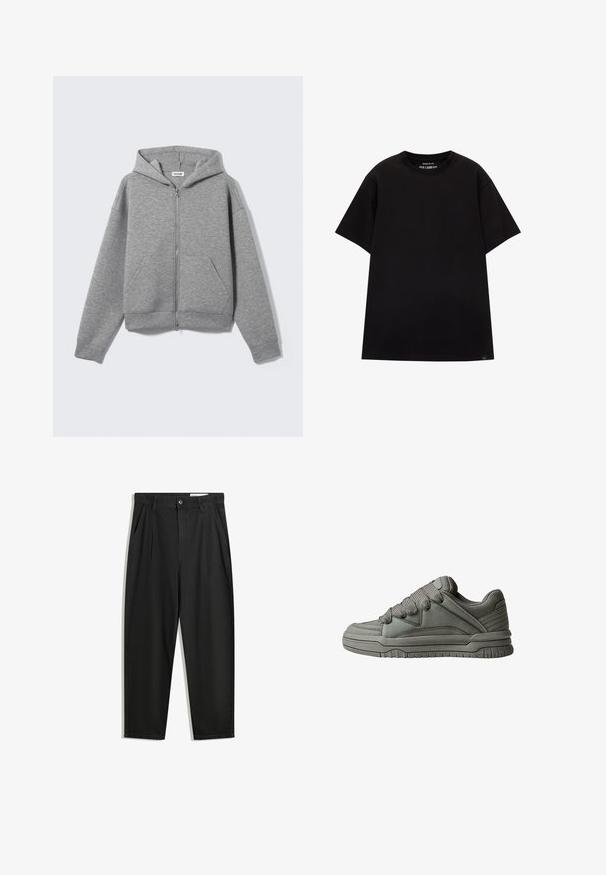 Grauer Kapuzenpullover mit Reißverschluss aus weichem, strukturiertem Stoff. Mit Kapuze, zwei Fronttaschen und einer lockeren Passform mit gerippten Bündchen und Saum.; PULL&BEAR JOIN LIFE - T-Shirt basic - black; Schwarze Baumwollhose mit lockerem Schnitt, ausgestattet mit einem klassischen Bund, vorderen Falten und Seiten taschen. Glatte Textur ohne Muster.; Grau Sport-Schuh mit strukturiertem Leder- und Mesh-Obermaterial, dickem Gummisohle sowie auffälliger gepolsterter Zunge und Seiten. Schnürsenkel und seitliche Akzente inklusive.