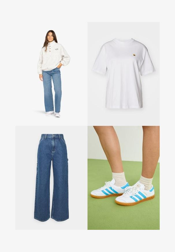 Billabong RUN THE ROAD - Felpa - white cap; Maglietta in cotone bianco con vestibilità rilassata, maniche corte e un piccolo logo ricamato sul lato sinistro del petto.; Pantaloni in denim blu a gamba larga con vita alta, cuciture a contrasto e tasche laterali, caratterizzati da un classico design a cinque tasche e orli grezzi.; Sneakers bianchi con strisce azzurro chiaro, suola in gomma e design con lacci. Presentano un marchio dorato e una texture liscia simile alla pelle.