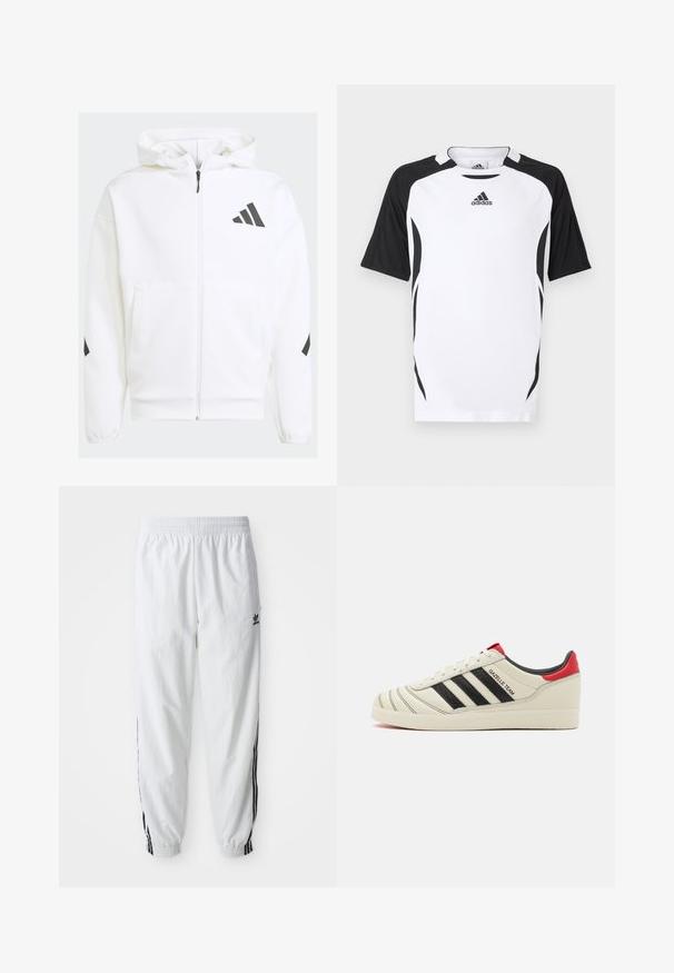 Hvit zip-up hettegenser med hette. Har svart logo og detaljer på skuldrene. Laget av mykt materiale med glatt tekstur. Har lommer foran.; T-skjorte med korte ermer fra Adidas i hvitt med svarte detaljer. Har rund hals, vertikal struktur og sidedetaljer for en atletisk passform.; Hvite treningsbukser med svarte sidepaneler, elastisk midje og mansjetter; har Adidas-logo på venstre lår. Glatt stoffoverflate.; Kremfargede lærtreninger med svarte striper, røde hælaccents og teksturerte detaljer. Har gummisåle og snøring.