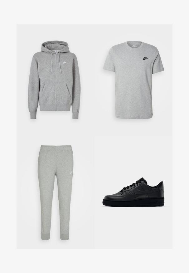 Grå zip-up hoodie i bomullsblandad tyg, med dragsko, kengurufickor och en liten vit logga på vänster bröst.; Grå kortärmad T-shirt i bomull, med en svart Nike-logotyp på bröstet och rund halsringning. Minimalistisk design utan mönster.; Grå träningsbyxor i mjukt material, med smalnande bendesign, elastisk midja och liten vit Nike-logga på vänster lår.; Svart Nike Air Force 1-sneaker med en slät läderöverdel, perforerad tå för andningsförmåga, svarta snören och en strukturerad gummisula.