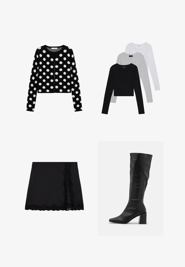 Mango Strickjacke - black; Drei langärmelige Oberteile gestapelt: schwarz, grau und weiß. Jedes hat einen runden Halsausschnitt und ein kurzes Design aus glattem, leichtem Stoff.; Even&Odd Minirock - black; RAID BLICK - Stiefel - black