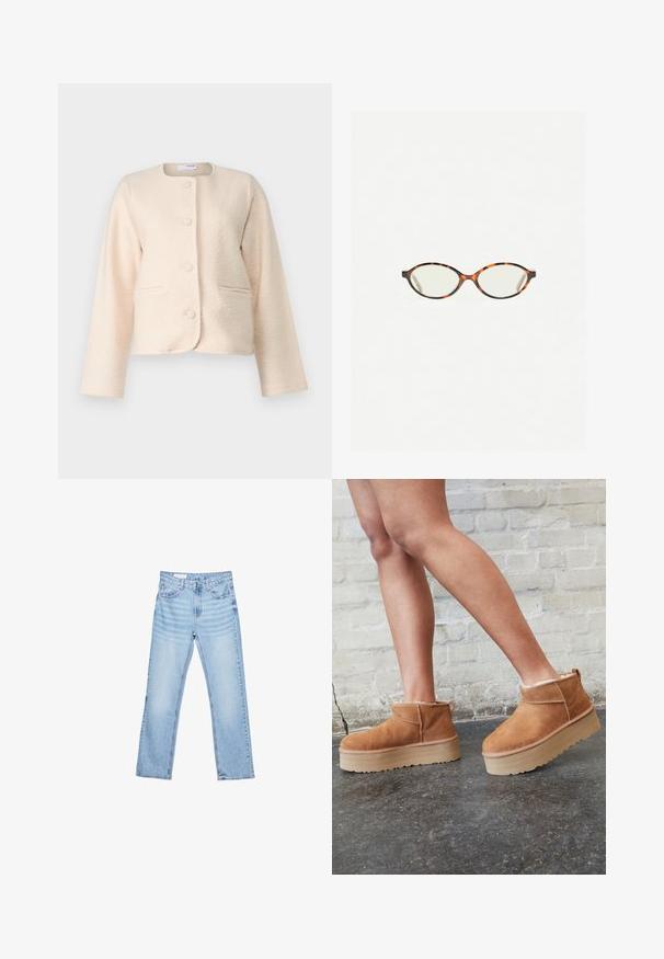 Svetlo bež kardigan jakna z teksturirano površino, okroglim izrezom, štirimi gumbi za zapiranje in dvema sprednjima žepoma. Ravne dolge rokave.; Bela kratka majica s kratkimi rokavi iz bombaža. Ima okroglo izrezovanje in sproščen kroj. Gladka tekstura brez vidnih vzorcev ali poudarkov.; Svetlo modri kavbojki s ravnim krojem, petimi žepi in vidnimi šivi. Srednje visok pas z klasik gumbom in zadrgo.; Rjavi semiš škornji do gležnjev s puhastim podlogo, debelim bež platformnim podplatom in zanko na zadnji strani. Teksturirana površina z vidnimi šivi.; Kornjačaste očala z ovalnimi lečami in gladko, sijočo površino. Imajo tanke stranice z rahlim ovinkom na templjih. Prosojne leče.