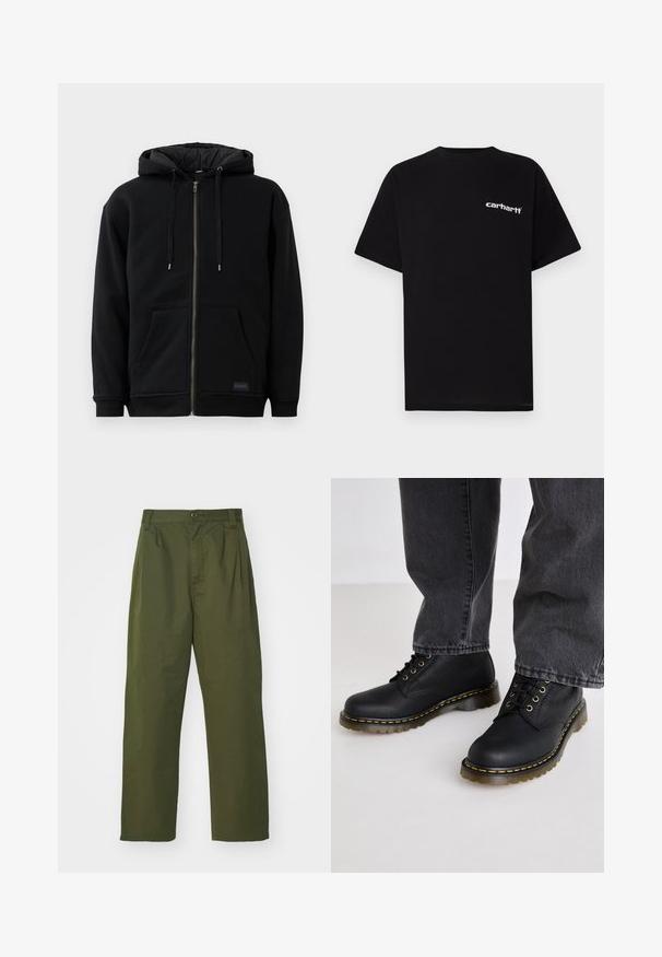 Mustast fliisist kangast kapuutsiga tõmblukuga sviiter, millel on nööriga kapuuts, esipockets ja soonilised mansetid. Siseosa on tepitud tekstuuriga.; Mustast puuvillast lühikeste varrukatega t-särk, ümara kaelusega ja valge "Carhartt" logoga vasakul rinnal. Sile tekstuur, minimalistlik disain.; Olive roheline, kõrge vöökoht ja sirge lõikega püksid. Valmistatud kergest kangast, ees on voldid ja nööpkinne.; Mustad musta nahast nööriga saapad, millel on tekstureeritud viimistlus, paks kummitald ja kollased õmblused, kantuna hallide denimipükstega.