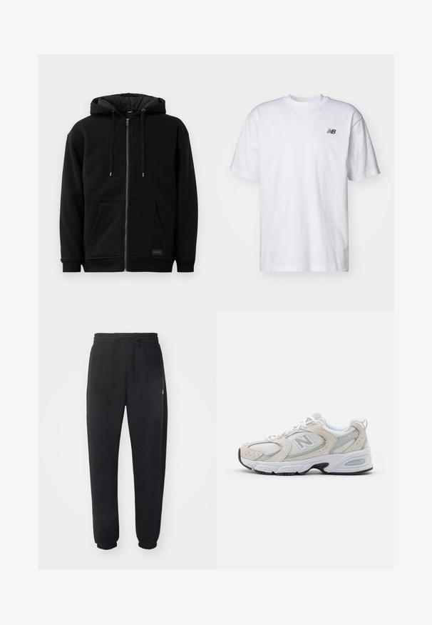 Felpa nera con zip realizzata in pile, dotata di cappuccio regolabile con cordino, tasche frontali e polsini a costine. L'interno presenta una texture trapuntata.; T-shirt bianco a maniche corte con scollo rotondo e piccolo logo nero New Balance sul lato sinistro del petto, su uno sfondo neutro.; Pantaloni della tuta neri realizzati in materiale morbido con vita elastica, coulisse e polsini aderenti, caratterizzati da un logo sottile sul lato.; Scarpa sportiva con tomaia in mesh grigio chiaro e accenti in suede, lacci bianchi e suola in gomma nera. Dettaglio di ammortizzazione ABZORB notevole.