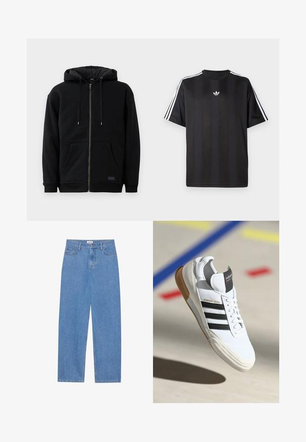 Felpa nera con zip realizzata in pile, dotata di cappuccio regolabile con cordino, tasche frontali e polsini a costine. L'interno presenta una texture trapuntata.; Maglietta nera a maniche corte con dettagli bianchi a tre strisce sulle spalle e un piccolo logo bianco sul petto. Tessuto dalla texture liscia.; Jeans in denim azzurro chiaro con taglio dritto, design a cinque tasche, chiusura a pulsante singolo e dettagli di cucitura discreti sulle cuciture.; Sneaker Adidas Mundial Goal bianca con strisce nere e suola in gomma, mostrata in volo sopra un pavimento di un campo sportivo con linee colorate.