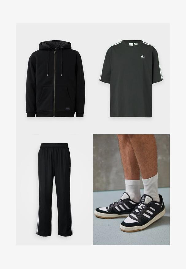 Black zip-up hoodie made of fleece, featuring a drawstring hood, front pockets, and ribbed cuffs. The interior has a quilted texture.; Black cotton t-shirt with short sleeves, crew neckline, and white three-stripe detailing on shoulders. Features a small white logo on chest.; Black athletic pants with an elastic waistband, featuring white side stripes and a small logo. Material appears soft and lightweight.; Black and white sneakers with a suede and leather upper, featuring three white stripes, a perforated toe, and a gum rubber sole.