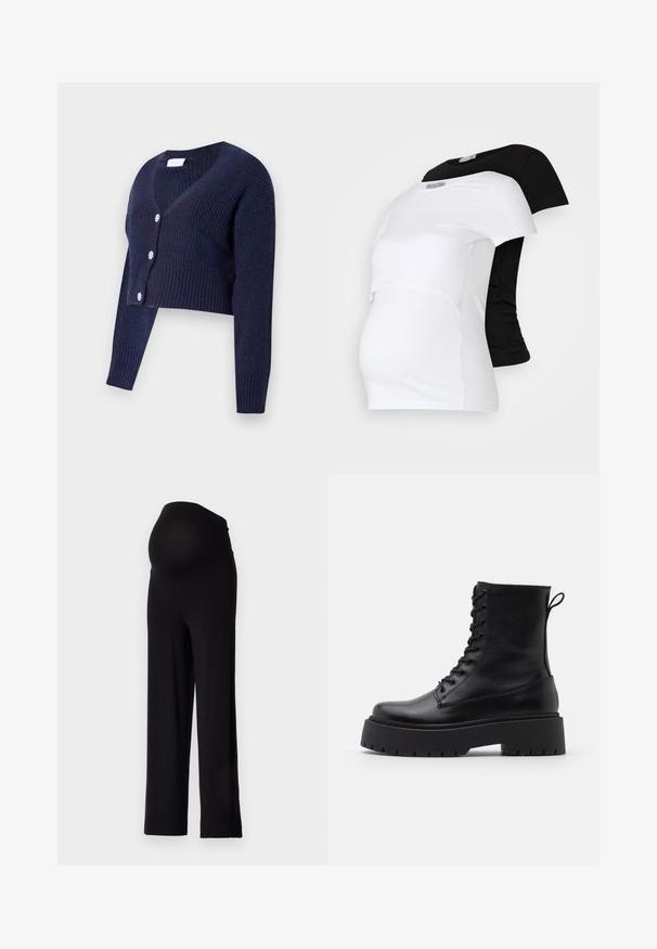 Jūras spēku zils, īss kardigāns, izgatavots no ribotu adījumu materiāla. Iespējas ietver dziļu V veida kaklu un četras apaļas dekoratīvas pogas priekšpusē.; Melnas un baltas grūtniecības T-krekli, īsām piedurknēm, no mīkstas kokvilnas, ar slāņu dizainu, kas ietver savilkta sadaļu augošam vēderam.; Melnas grūtniecības bikses ar elastīgu, cieši pieguļošu jostu un platu kāju dizainu. Izgatavotas no mīksta auduma, kas nodrošina komfortu un atbalstu.; Melni ādas potītēm zābaki ar apļveida purngalu, auklām priekšpusē un biezu gumijas zoli ar teksturētu protektoru. Velkšanas cilpa aizmugurē.