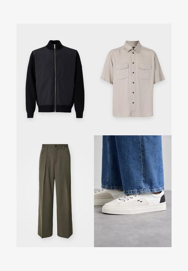 Mustat pommikonesateet, jossa on vetoketjukiinnitys, neulotut hihansuut ja ribbireunus kauluksessa. Ominaisuuksiin kuuluu sileä, kiiltävä päällismateriaali ja tekstuuriset hihat.; Hihansukka, vaaleanbeige nappitoppi, jossa on kaulus, kaksi läppätaskua ja mustat napit edessä. Tasainen, teksturoimaton kangas.; Filippa K WIDE TROUSERS - Housut - driftwood; Valkoiset ja mustat tennarit, joissa on sileä nahkapäällinen, tekstuuriakcentit ja paksu valkoinen pohja. Varustettu klassisella nauhakiinnityksellä.