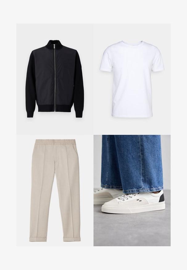 Melna bomber jakna ar rāvējslēdzēju priekšpusē, adītām piedurknēm un ribotu apkakli. Paredzēta ar gludu, spīdīgu augšējo materiālu un strukturētām piedurknēm.; Balts īsām piedurknēm T-krekls no kokvilnas auduma ar apaļu kakla izgriezumu. Vienkāršs dizains bez rakstiem vai akcentiem. Gluda tekstūra.; Filippa K TERRY CROPPED TROUSERS - Auduma bikses - sage melange; Balti un melni apavi ar gludu ādas virsu, teksturētiem akcentiem un masīvu baltu zoli. Iespējojot klasisku šņorējamu dizainu.