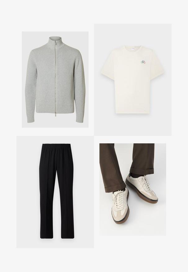 Svetlošedý zip-up sveter s vysokým golierom, ribbenou textúrou a priliehavými manžetami. Má hladký zips vpredu na zapínanie.; Krémové bavlnené tričko s krátkymi rukávmi, s malou viacfarebnou grafikou bicykla na ľavej strane hrude.; Čierne nohavice s elastickým pásom a rovnými nohavicami, majú hladkú textúru a žiadne viditeľné vzory ani kovové doplnky.; Béžové tenisky s textúrovanou zamšovou prednou časťou, hladkými koženými bočnými stranami a hnusou gumovou podrážkou. Obsahujú šnúrky a svetlé stehy ako detail.